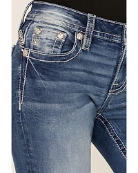 Miss Me Women's Medium Wash Mid Rise Southwestern Print Pocket 32" Bootcut Stretch Denim Jeans