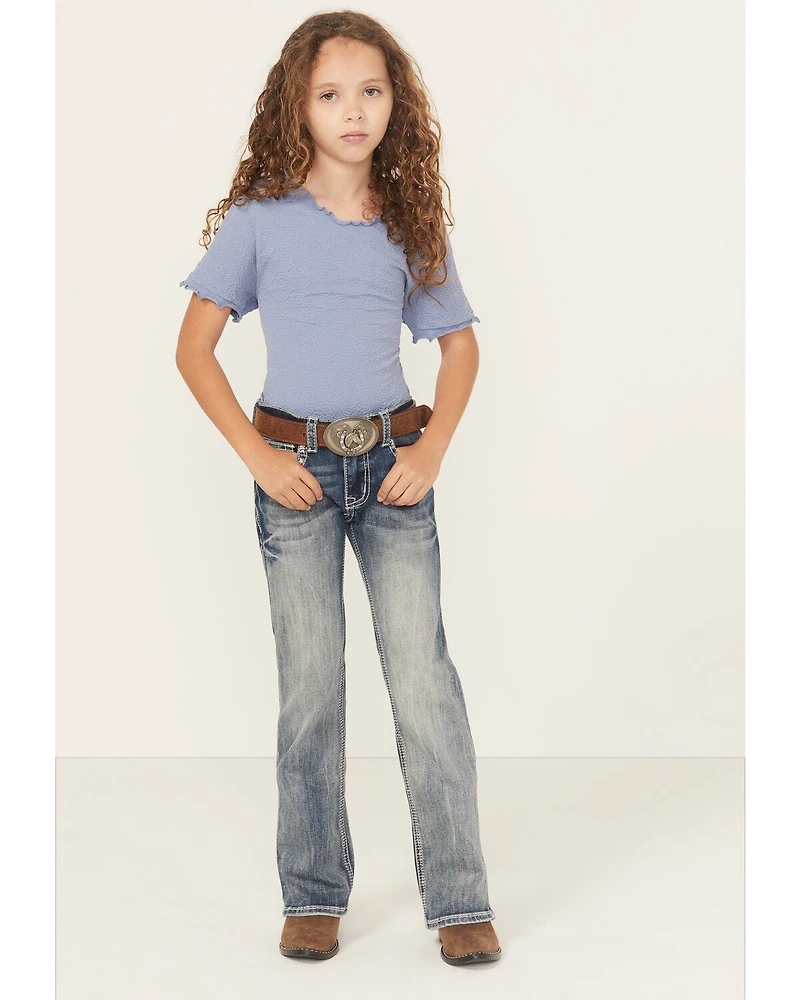 Grace LA Little Girls' Light Wash Double Horseshoe Pocket Bootcut Stretch Denim Jeans