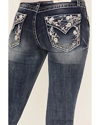 Grace LA Women's Medium Wash Floral Paisley Embroidered Mid Rise Bootcut Stretch Denim Jeans