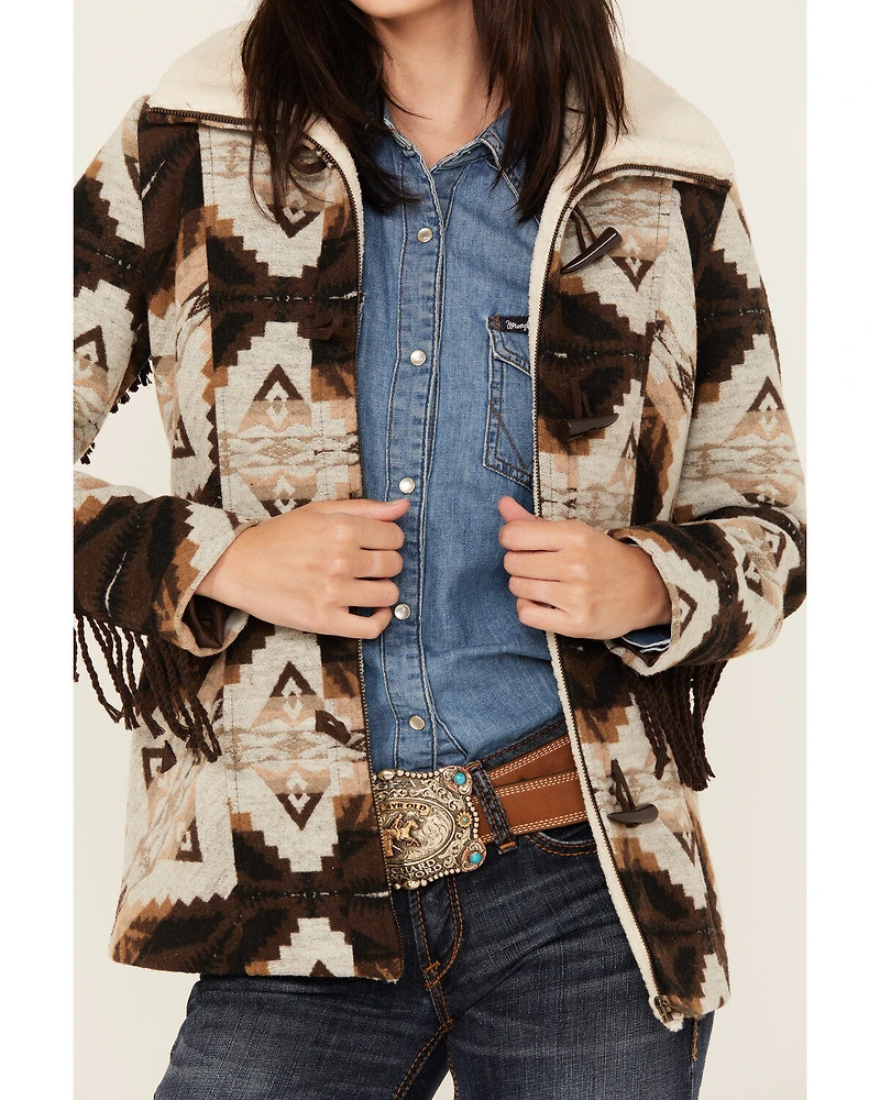 Powder River Outfitters Women's Southwestern Jacquard Fringe Coat