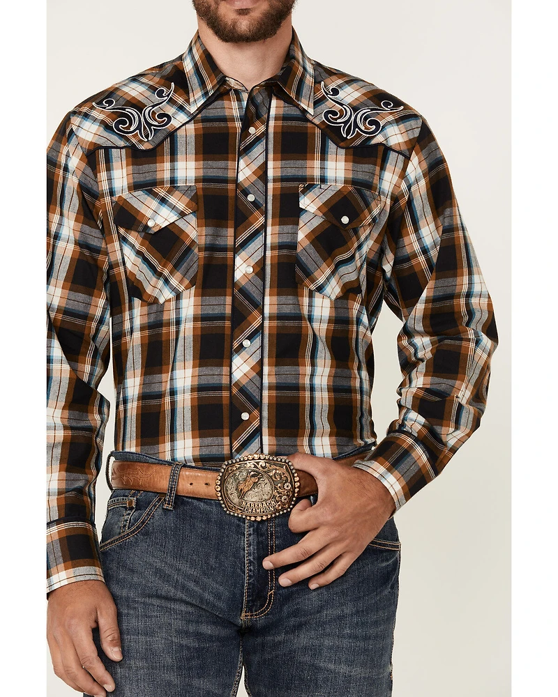 Roper Men's Embroidered Yoke Plaid Print Long Sleeve Snap Western Shirt