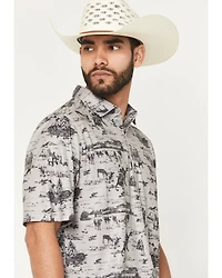 CInch Men's Cowboy Print Short Sleeve Button-Down Stretch Polo Shirt