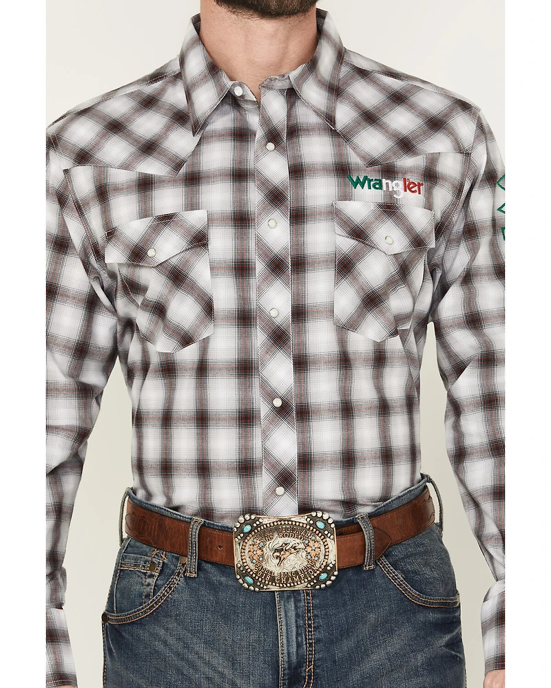 Wrangler Men's Plaid Print Logo Long Sleeve Snap Western Shirt