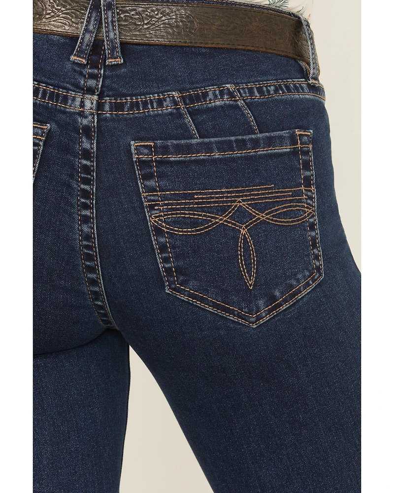 Rock & Roll Denim Women's Dark Wash Mid Rise Boot Stitch Stretch Trouser Jeans
