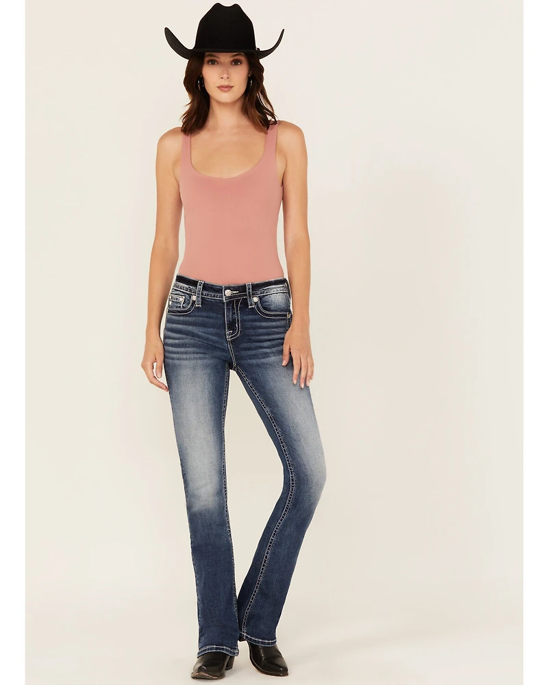 Miss Me Women's Dark Wash Mid Rise Cross Pocket 34" Bootcut Stretch Denim Jeans