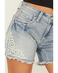 Grace LA Women's Embellished Light Wash Mid Rise Cutoff Stretch Denim Shorts