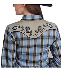 Roper Women's Plaid Print Embroidered Long Sleeve Snap Stretch Western Shirt