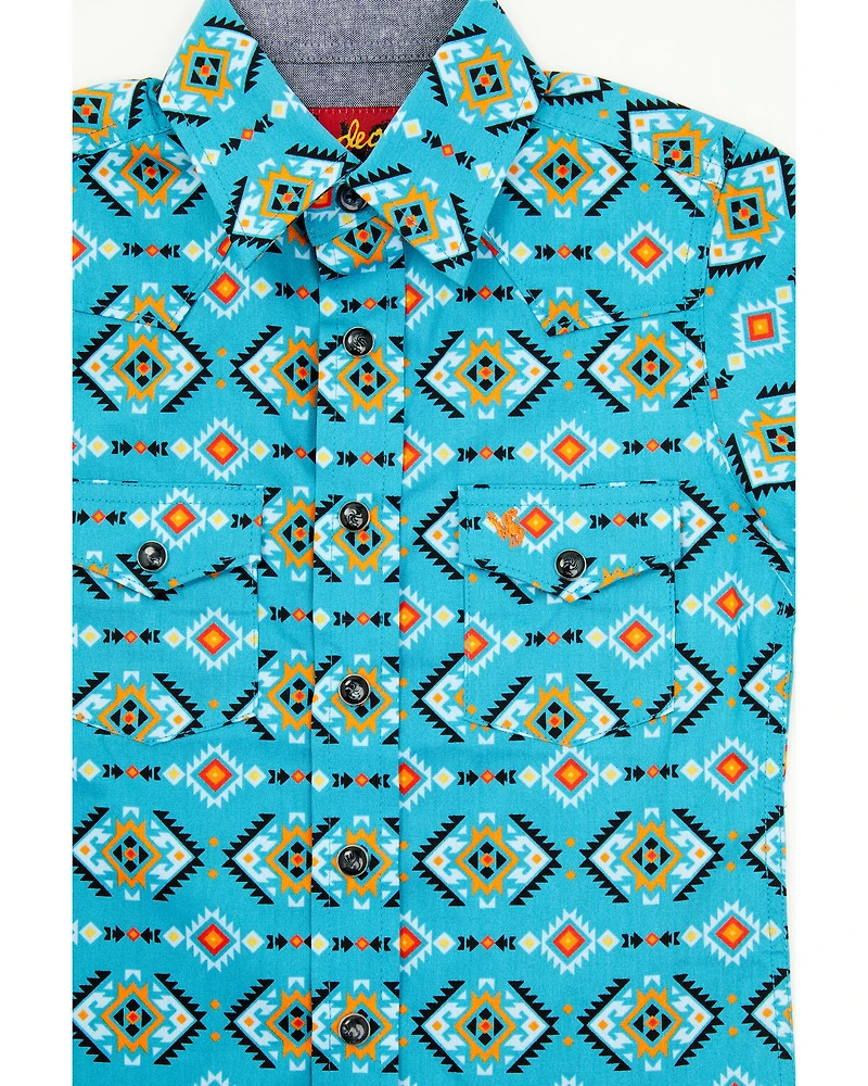 Rodeo Clothing Little Boys' Southwestern Print Short Sleeve Snap Western Shirt