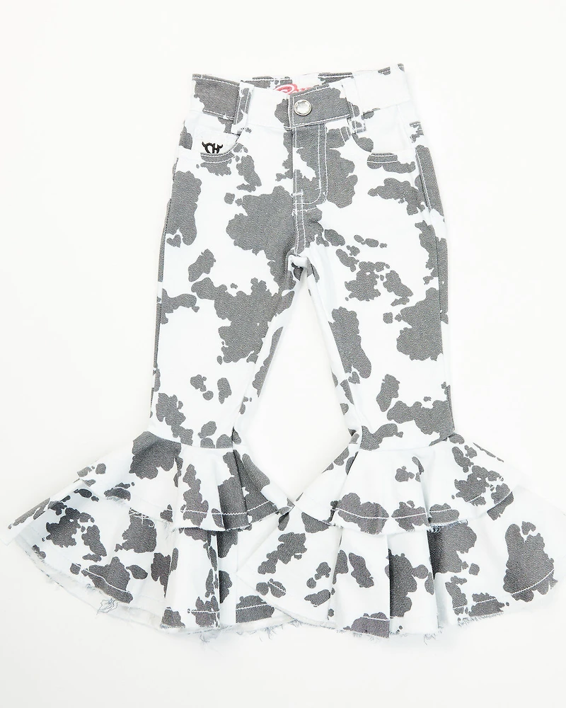 Cowgirl Hardware Toddler Girls' Cow Print Double Ruffle Stretch Denim Jeans