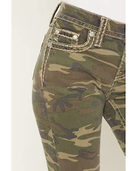 Miss Me Women's Camo Print Mid Rise Flap Pocket 32" Bootcut Stretch Denim Jeans