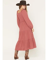 Yura Women's Long Sleeve Smocked Tiered Midi Dress