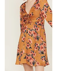 Beyond The Radar Women's Floral Dot Satin Long Sleeve Mini Dress