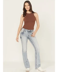 Miss Me Women's Medium Wash Mid Rise Americana Fleur de Lis 32" Bootcut Stretch Denim Jeans