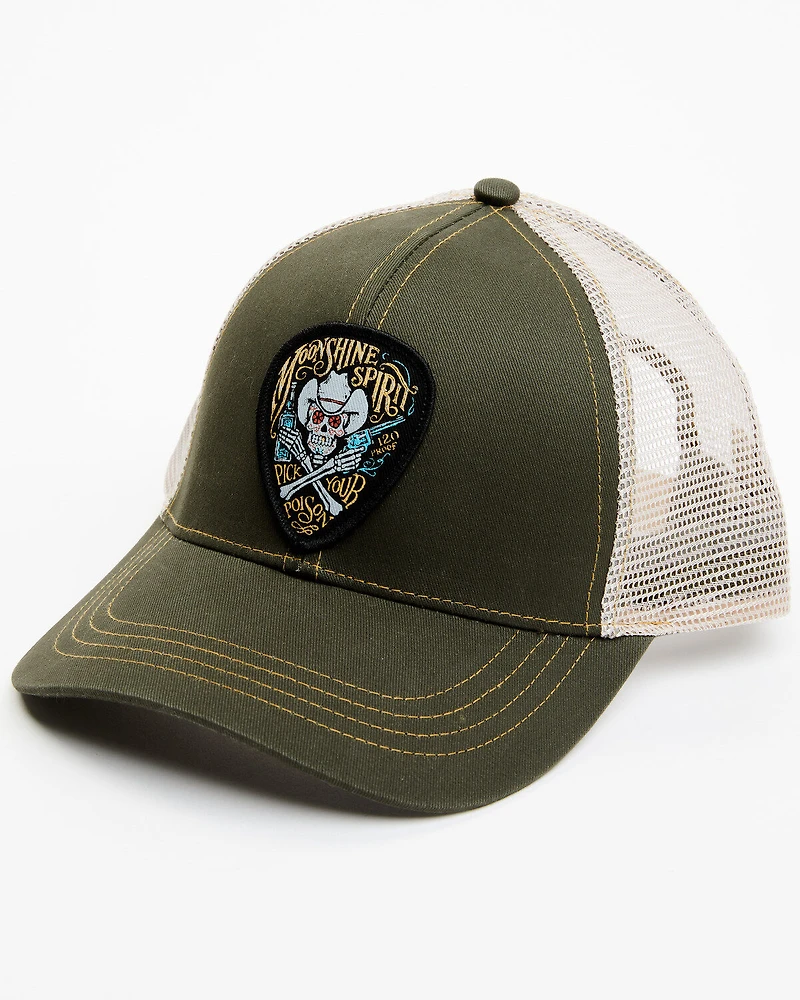 Moonshine Spirit Men's Skull Guitar Pick Logo Embroidered Patch Mesh Back Ball Cap