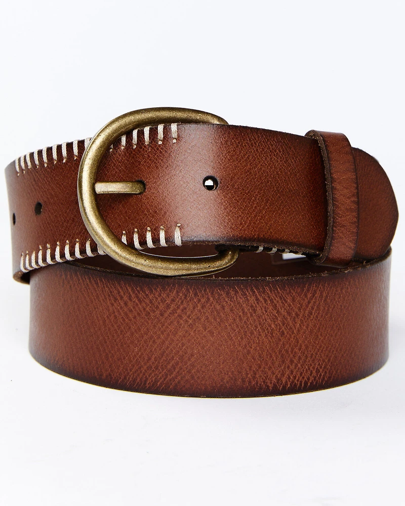 Cleo + Wolf Women's Brown with White Stitching Detail Leather Belt