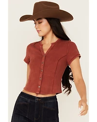 Idyllwind Women's Solid Short Sleeve Button-Down Cropped Tee