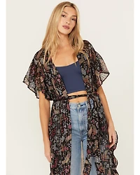 Angie Women's Floral Bird Print Ruffle Kimono