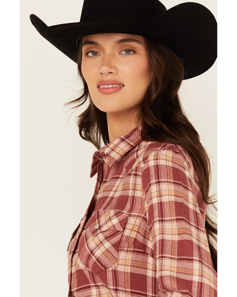 Wrangler Retro Women's Apple Butter Plaid Print Long Sleeve Pearl Snap Flannel Shirt