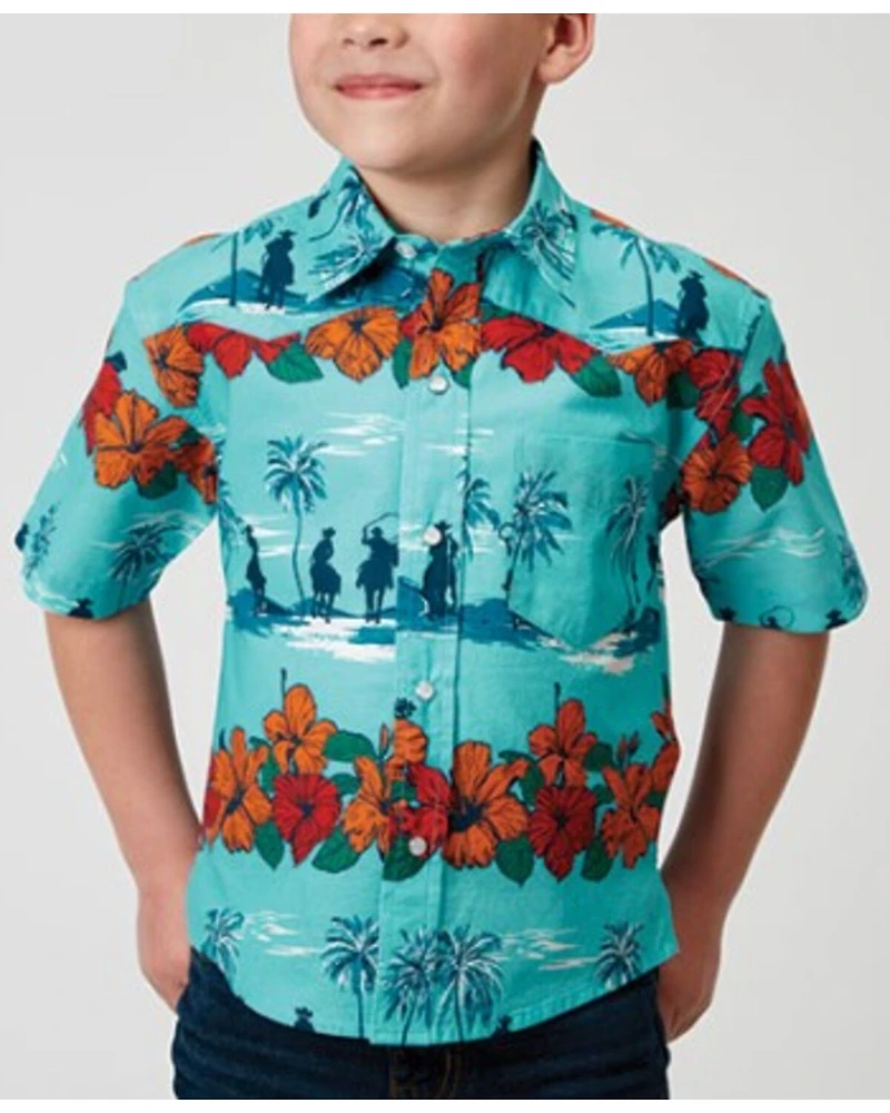 Roper Boys' Cowboy Floral Print Short Sleeve Snap Western Shirt