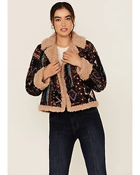 Shyanne Women's Tapestry Sherpa Lined Button-Down Cropped Jacket