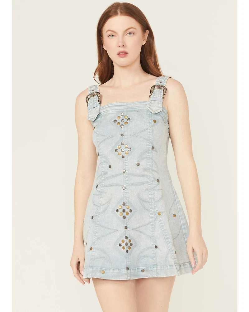 Blue B Women's Light Wash Embellished Buckle Strap Denim Mini Dress