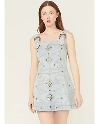 Blue B Women's Light Wash Embellished Buckle Strap Denim Mini Dress