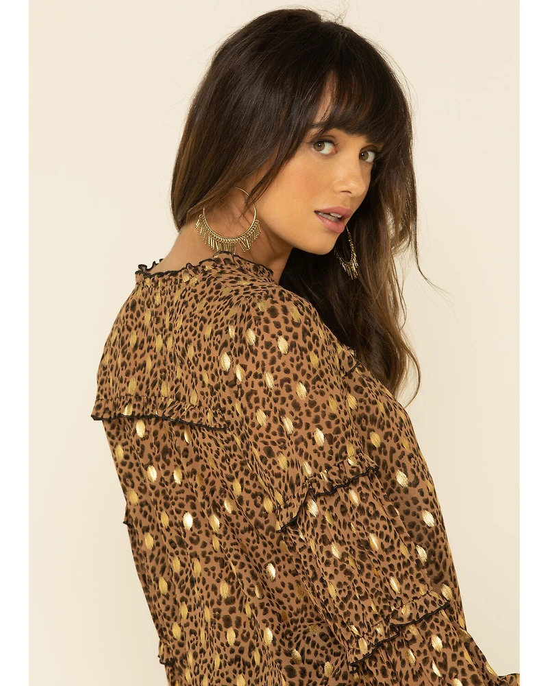 Mystree Women's Leopard Foil Puff Sleeve Blouse Top
