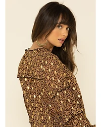 Mystree Women's Leopard Foil Puff Sleeve Blouse Top