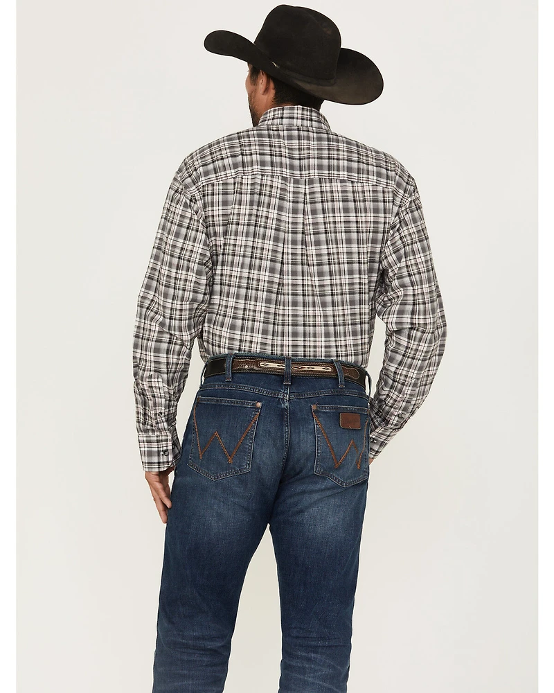 Wrangler Men's Bucking Cancer Plaid Print Long Sleeve Button-Down Western Shirt