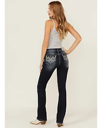 Grace LA Women's Dark Wash Mid Rise Geo Pocket Bootcut Stretch Denim Jeans