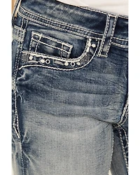 Grace LA Girls' Medium Wash Floral Embroidered Bootcut Stretch Denim Jeans