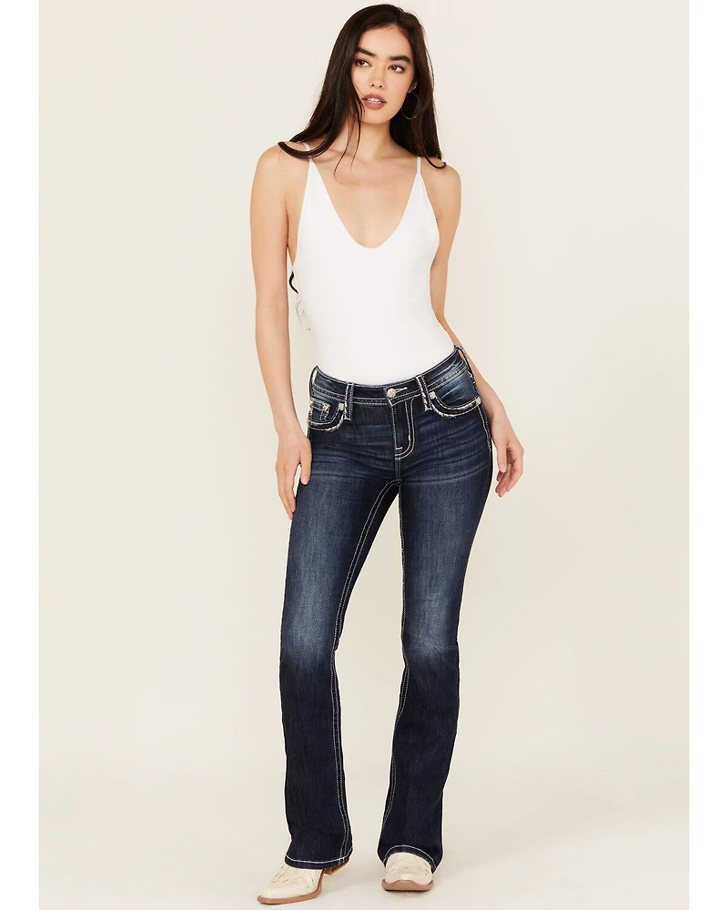 Miss Me Women's Dark Wash Mid Rise 34" Bootcut Stretch Denim Jeans