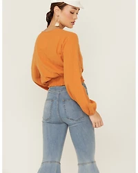 Saints & Hearts Women's Long Sleeve Surplice Smocked Waist Crop Top