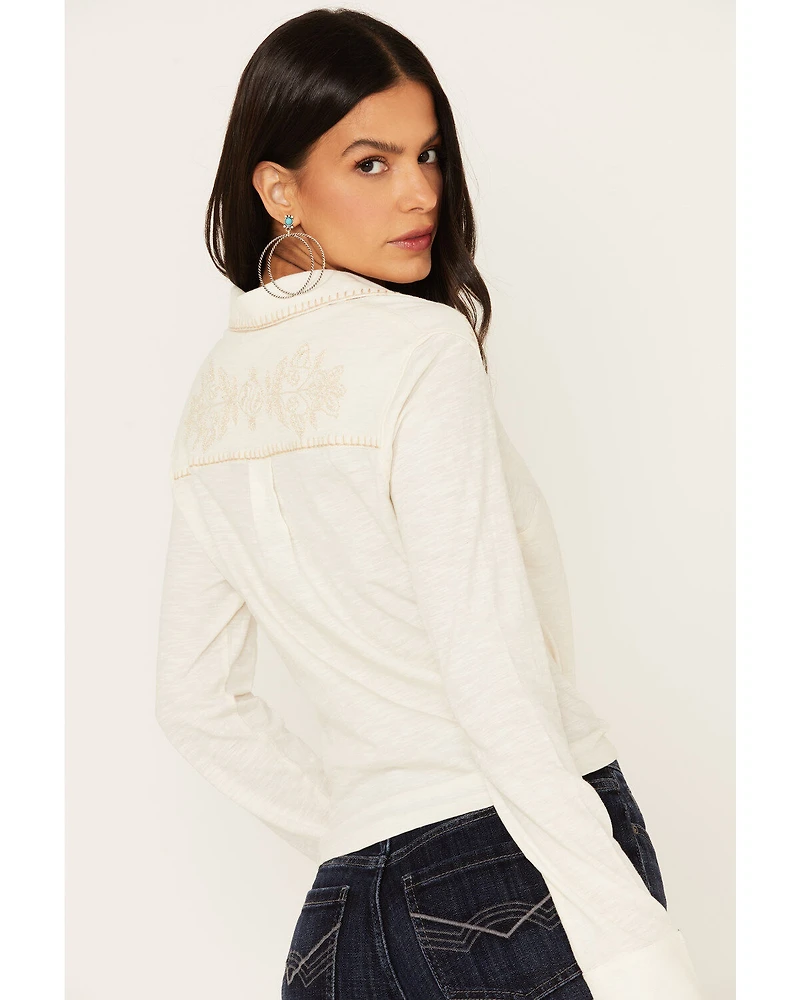 Idyllwind Women's Embroidered Tie Front Knit Long Sleeve Western Pearl Snap Shirt