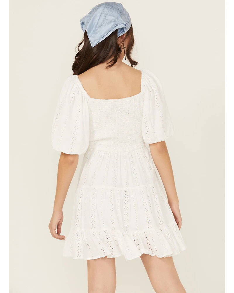 Angie Women's Eyelet Short Puff Sleeve Mini Dress