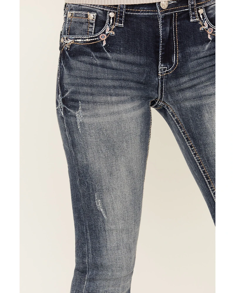 Grace LA Women's Medium Wash Floral Paisley Embroidered Mid Rise Bootcut Stretch Denim Jeans