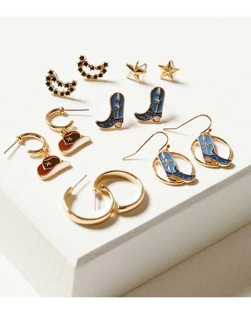 Shyanne Women's Gold 6-Piece Moon & Sun Cowgirl Hat & Boot Earrings Set