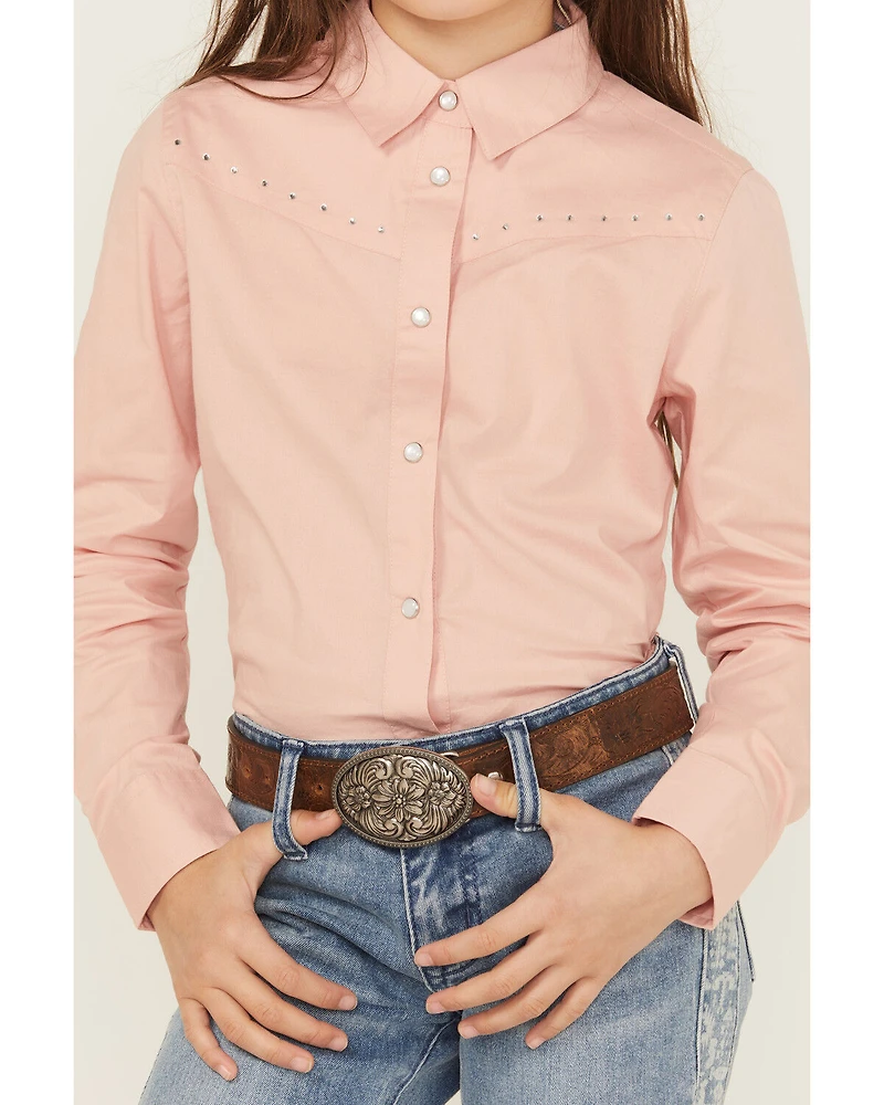 Shyanne Girls' Solid Rhinestone Fringe Long Sleeve Pearl Snap Stretch Western Shirt