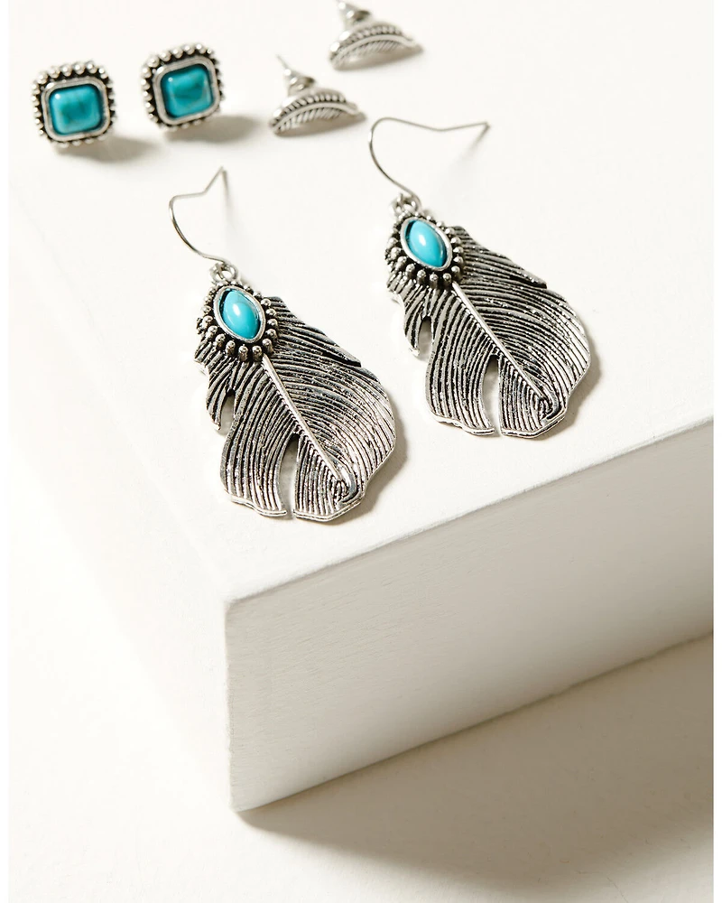 Shyanne Women's Feathers and Turquoise-Toned Earring Set - 3 Piece