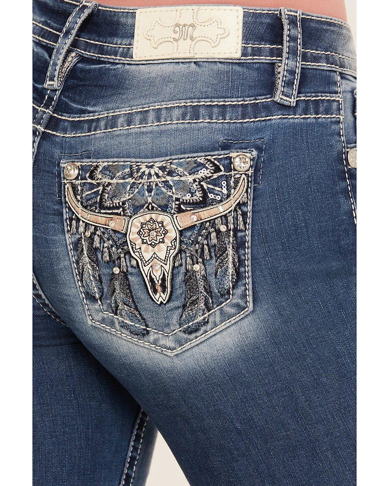 Miss Me Women's Medium Wash Mid Rise Steer Head 34" Bootcut Stretch Denim Jeans