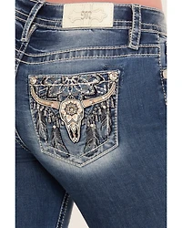 Miss Me Women's Medium Wash Mid Rise Steer Head 34" Bootcut Stretch Denim Jeans