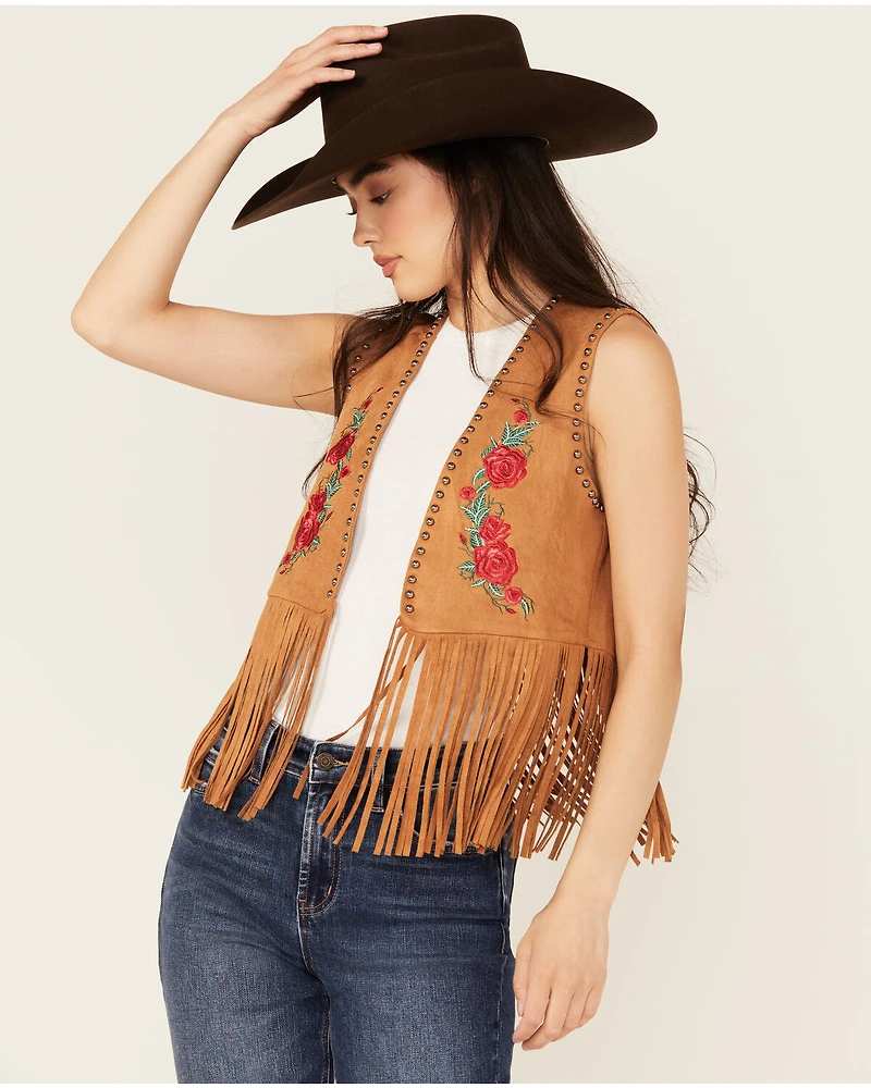Vocal Women's Embroidered Rose Faux Suede Fringe Vest