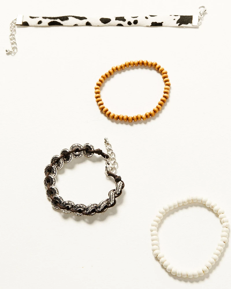 Shyanne Women's Braided Concho Cow Print Beaded Bracelet Set - 4-Piece