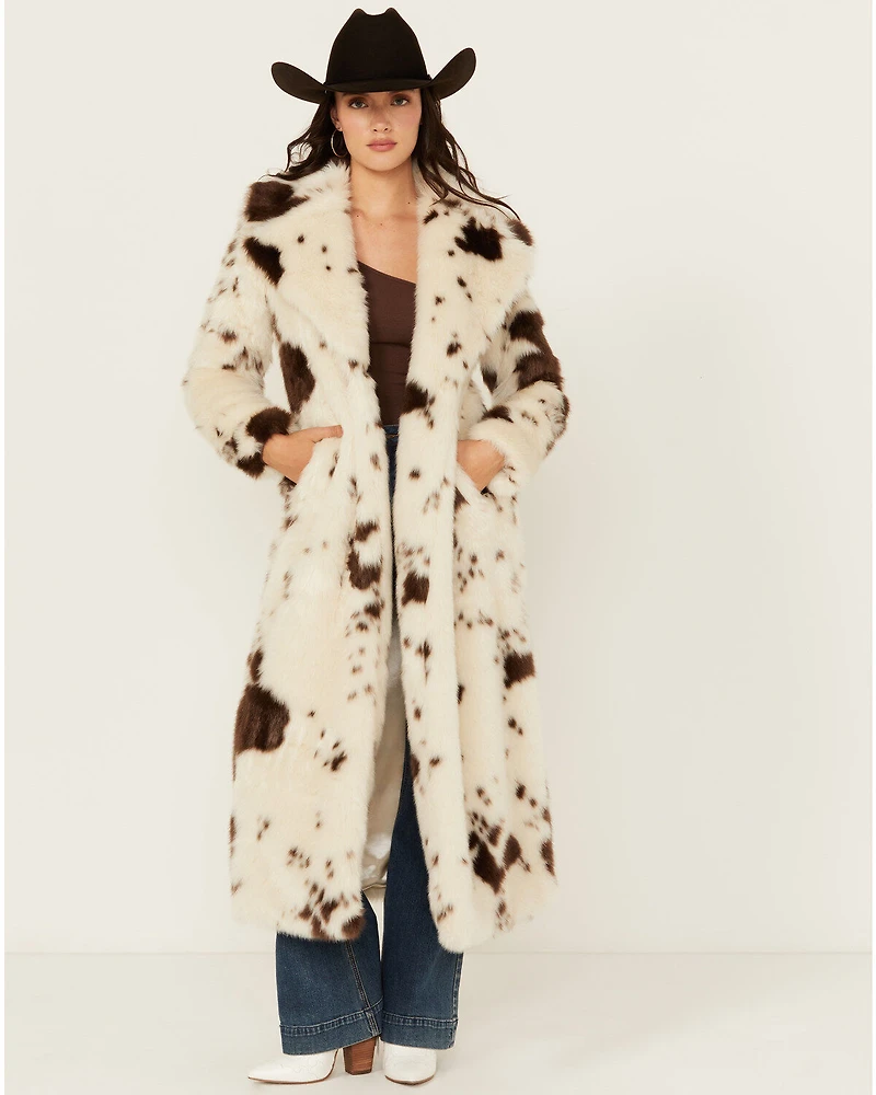 Powder River Outfitters Women's Cow Print Duster Faux Fur Coat