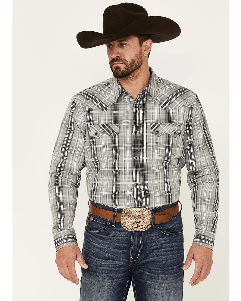 Moonshine Spirit Men's Tuning Fork Plaid Print Long Sleeve Snap Western Shirt