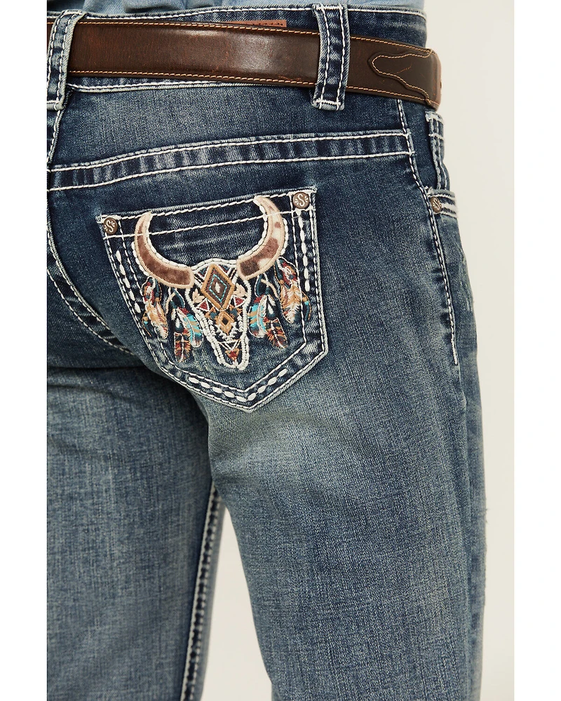 Shyanne Girls' Cowhide Steer Head Light Wash Faded Stretch Bootcut Jeans