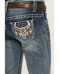 Shyanne Girls' Cowhide Steer Head Light Wash Faded Stretch Bootcut Jeans