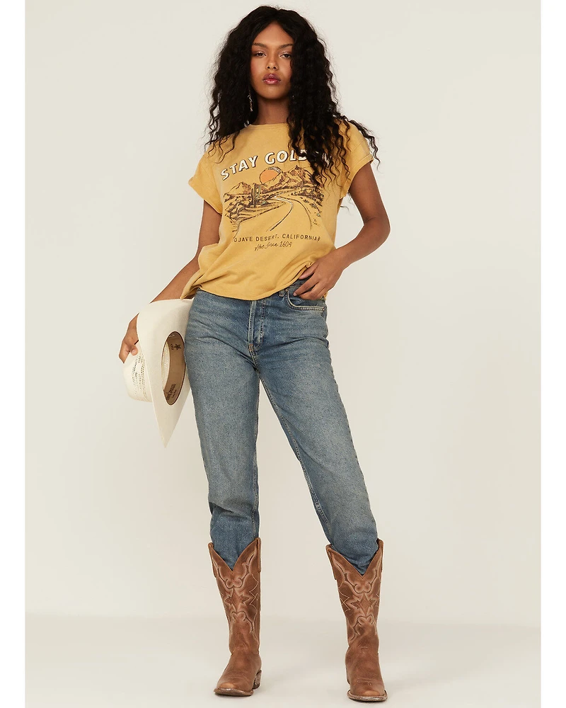 Cleo + Wolf Women's Stay Golden Rolled Sleeve Graphic Tee