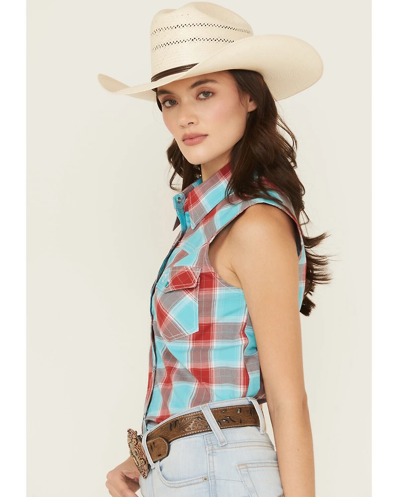 Cowgirl Hardware Women's Plaid Print Sleeveless Snap Stretch Western Shirt