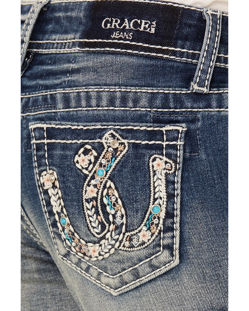 Grace LA Girls' Double Horseshoe Embroidered Bootcut Stretch Denim Jeans